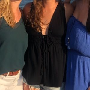 Free People Deep V-Neck Tie Ribbed Top - Black